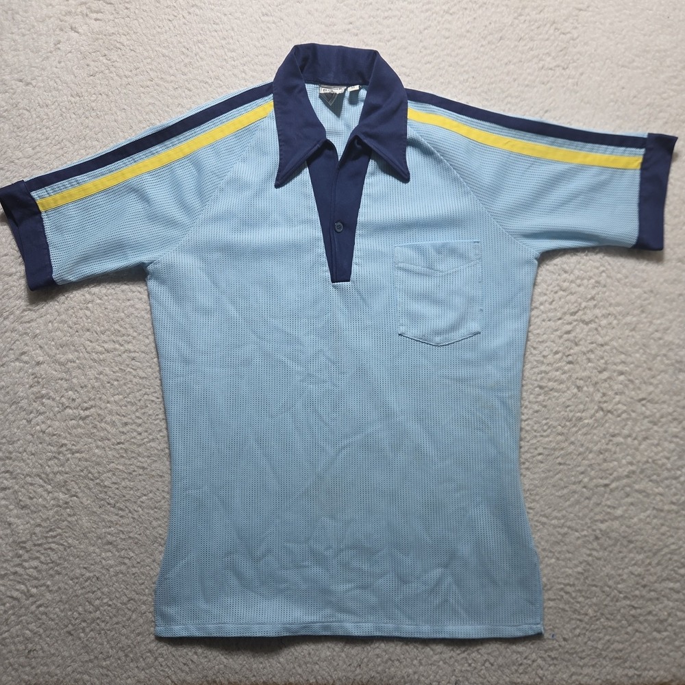 Vintage 70s 80s Spire California Mesh Polo Shirt Mens M Blue Yellow Stripe Retro